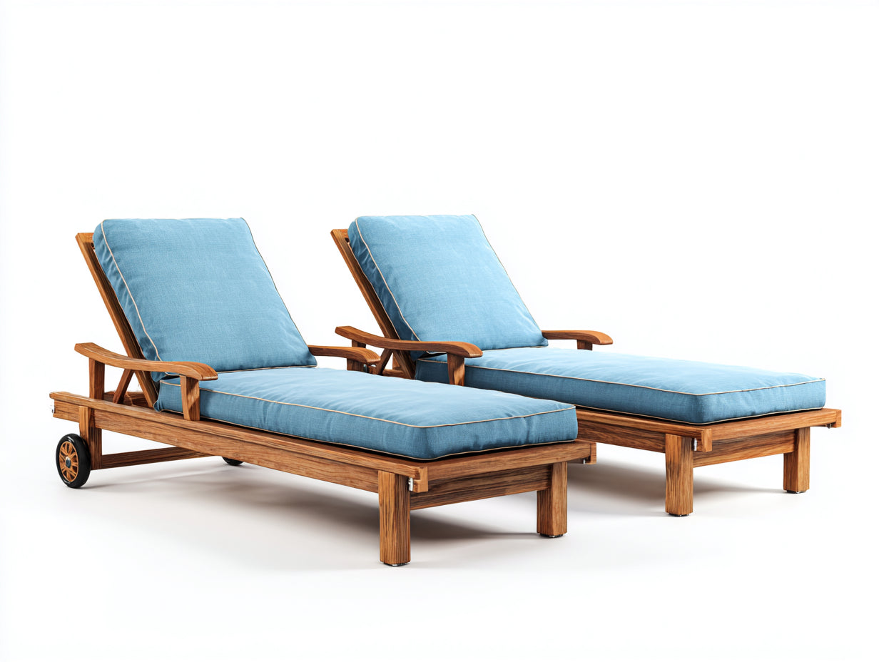 Lettino da sole - Legno-Tessuto - 200x70x90 cm - Azzurro-Legno naturale - Stile classico con ruote