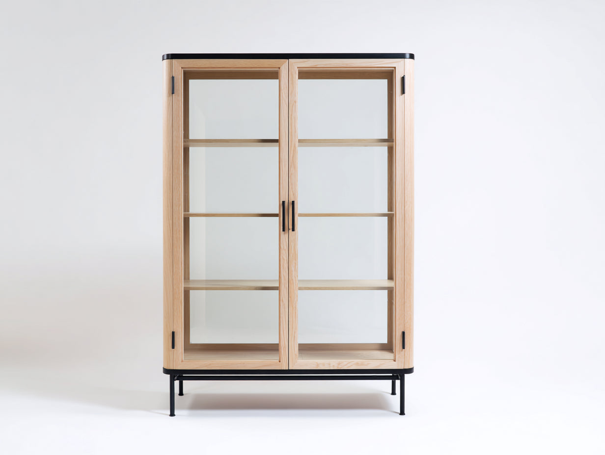 Vetrina - Legno-Vetro-Metallo - 91x38x153 cm - Legno naturale-Nero-Trasparente - Moderno
