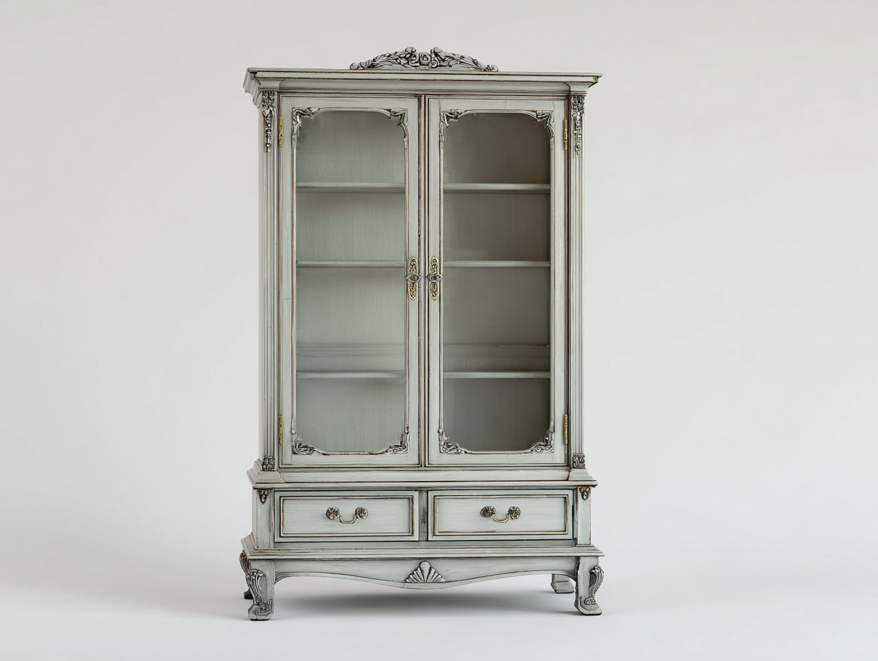 Vetrina - legno-vetro - 126x44x190 cm - grigio anticato - classico francese