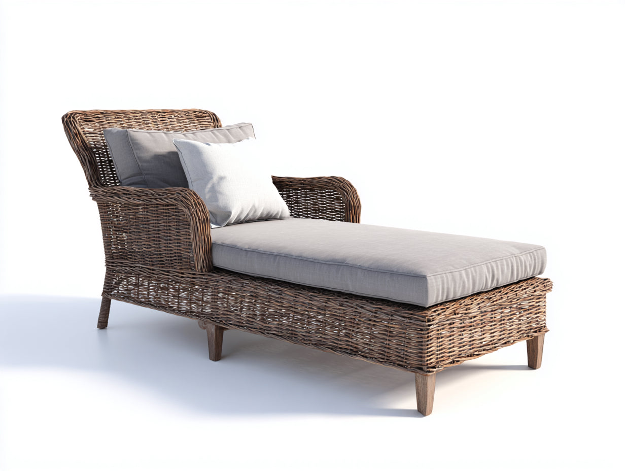 Lettino da sole - rattan PE-legno-tessuto - 196x73x86 cm - grigio chiaro-naturale - stile coloniale