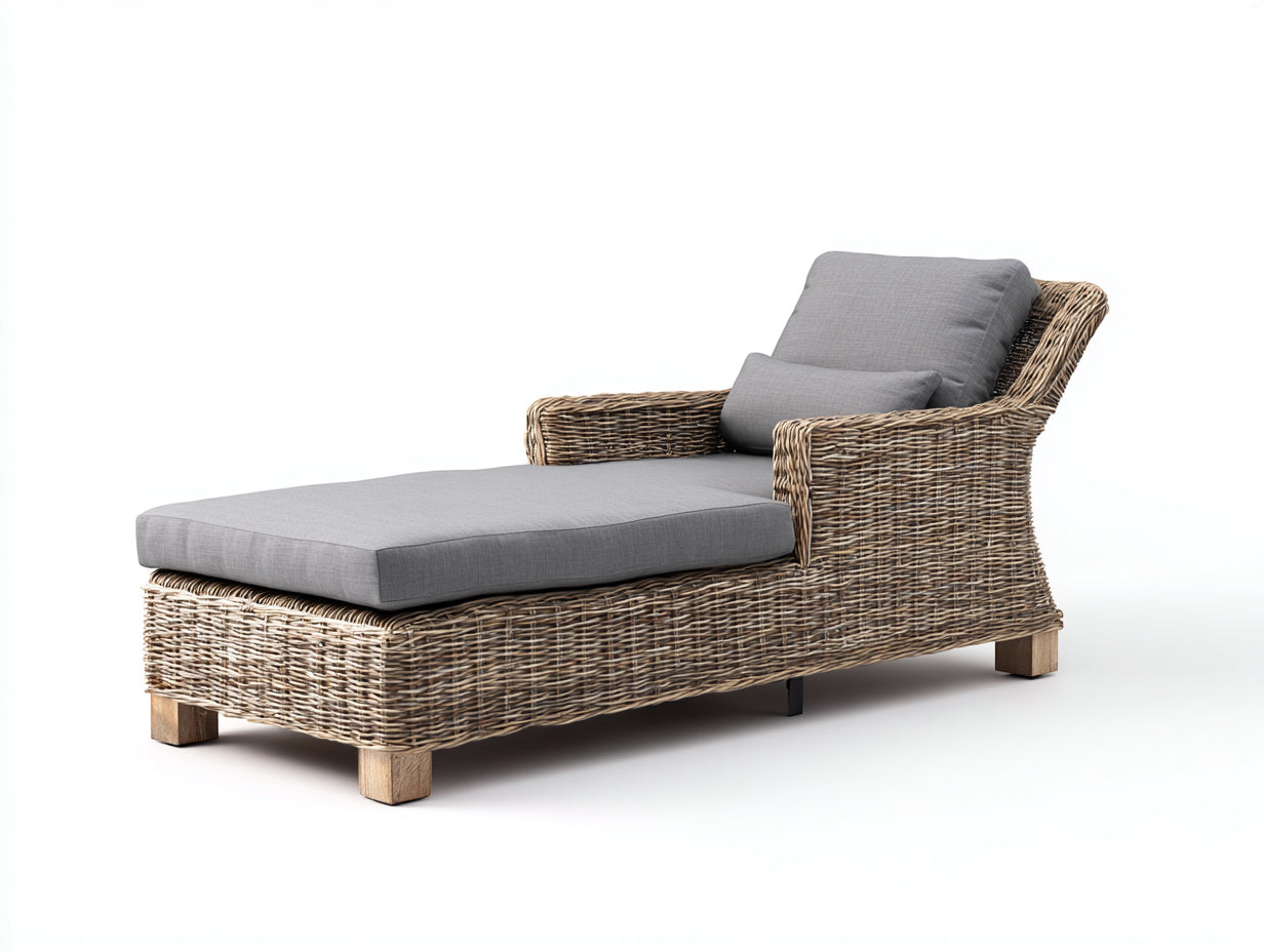Lettino da sole - Rattan-Legno-Tessuto - 200x78x88 cm - Grigio-Naturale - Stile rustico con braccioli