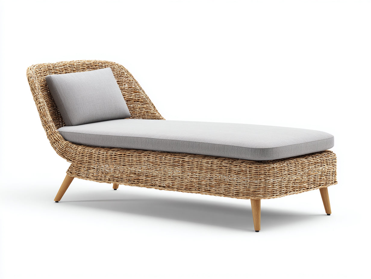 Lettino da sole - Rattan-Legno-Tessuto - 198x72x82 cm - Grigio-Naturale - Stile organico
