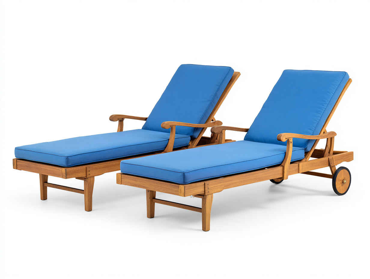 Lettino da sole - Legno-Tessuto - 198x68x92 cm - Blu-Legno naturale - Stile resort con braccioli