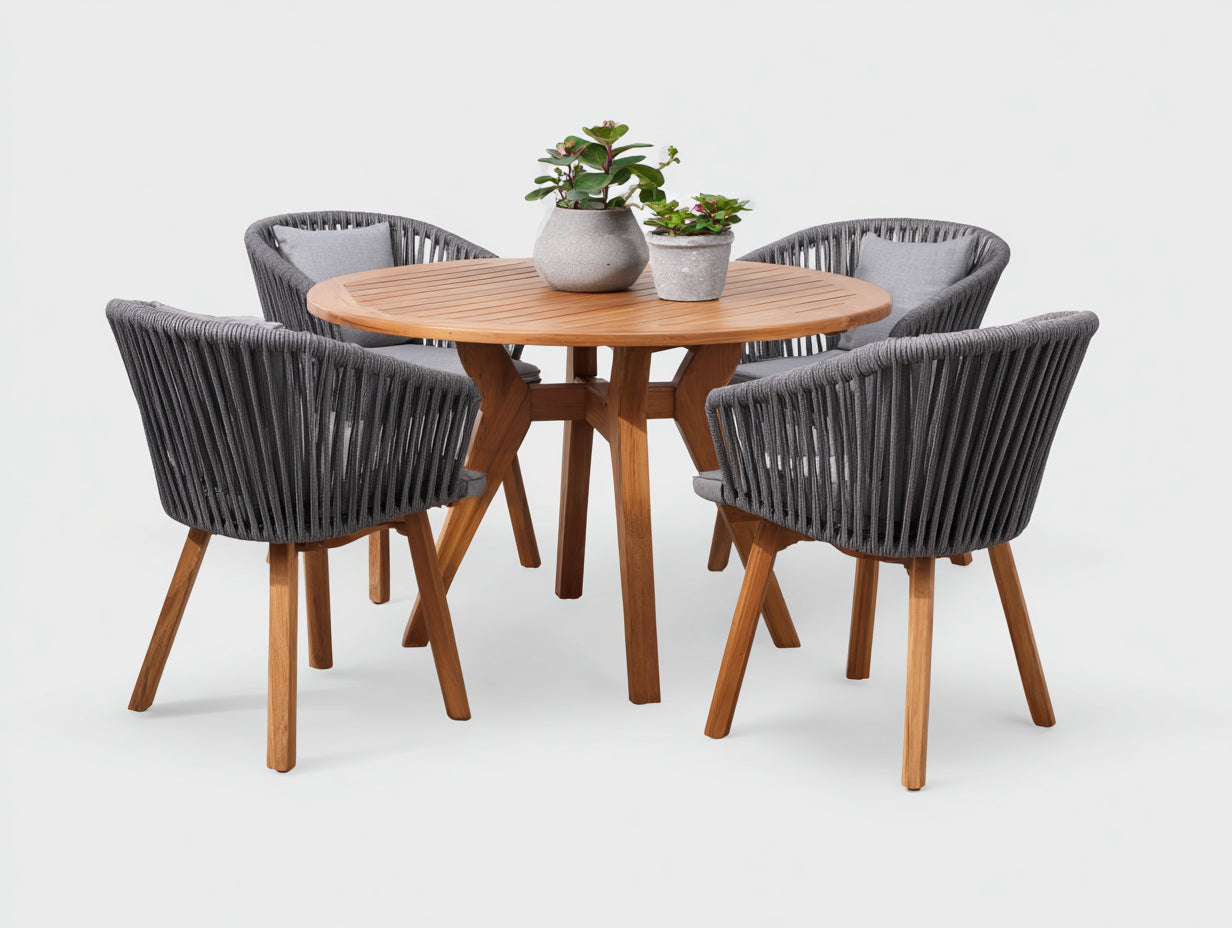 Set da pranzo da esterno - Legno-corda - 120x120x75 cm - Grigio-Naturale - Design moderno