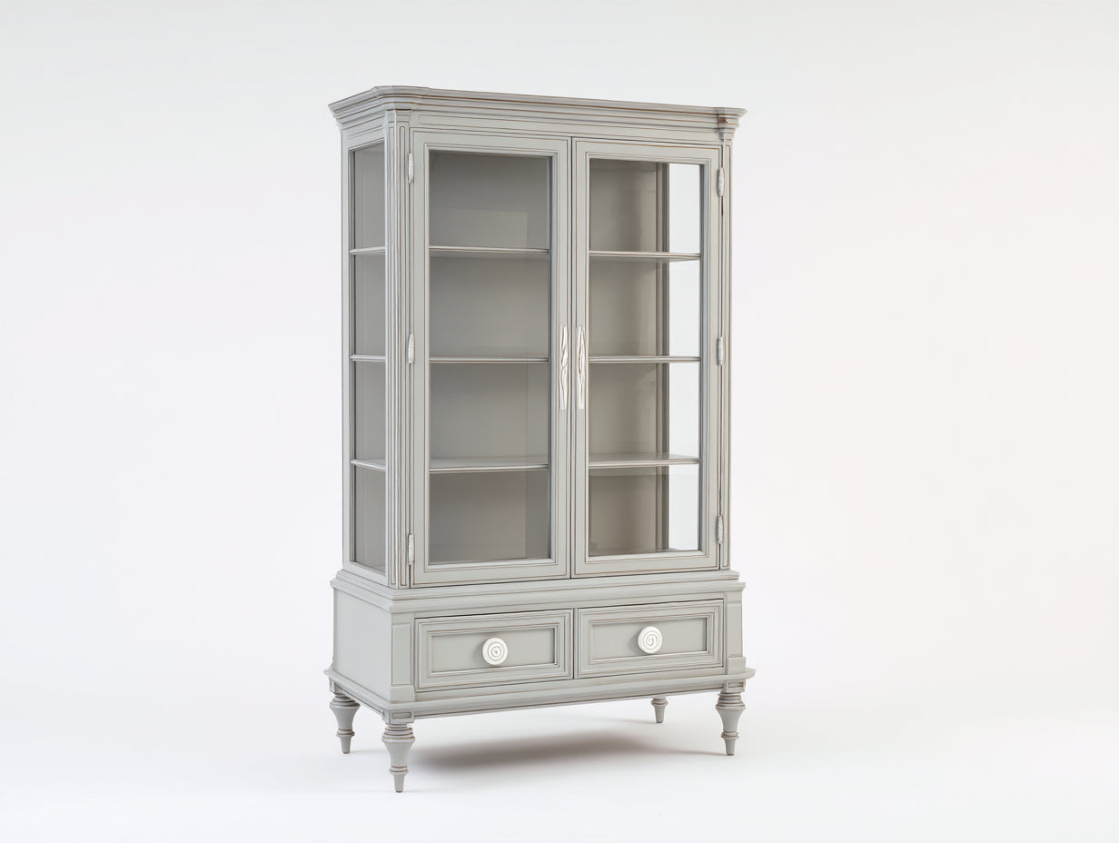 Vetrina - Legno-Vetro-Metallo - 108x44x185 cm - Grigio perla-Trasparente-Bianco - Francese classico