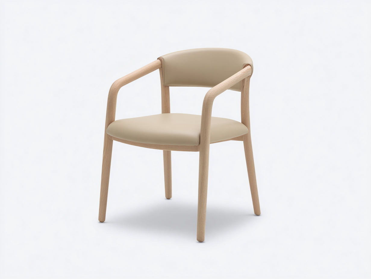 Sedia da pranzo-Pelle-legno-60x55x78 cm-Beige-legno naturale-Stile scandinavo con braccioli
