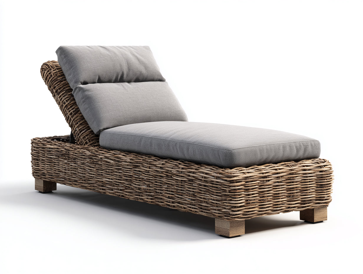 Lettino da sole - rattan PE-legno-tessuto - 204x71x79 cm - grigio-naturale - stile boho