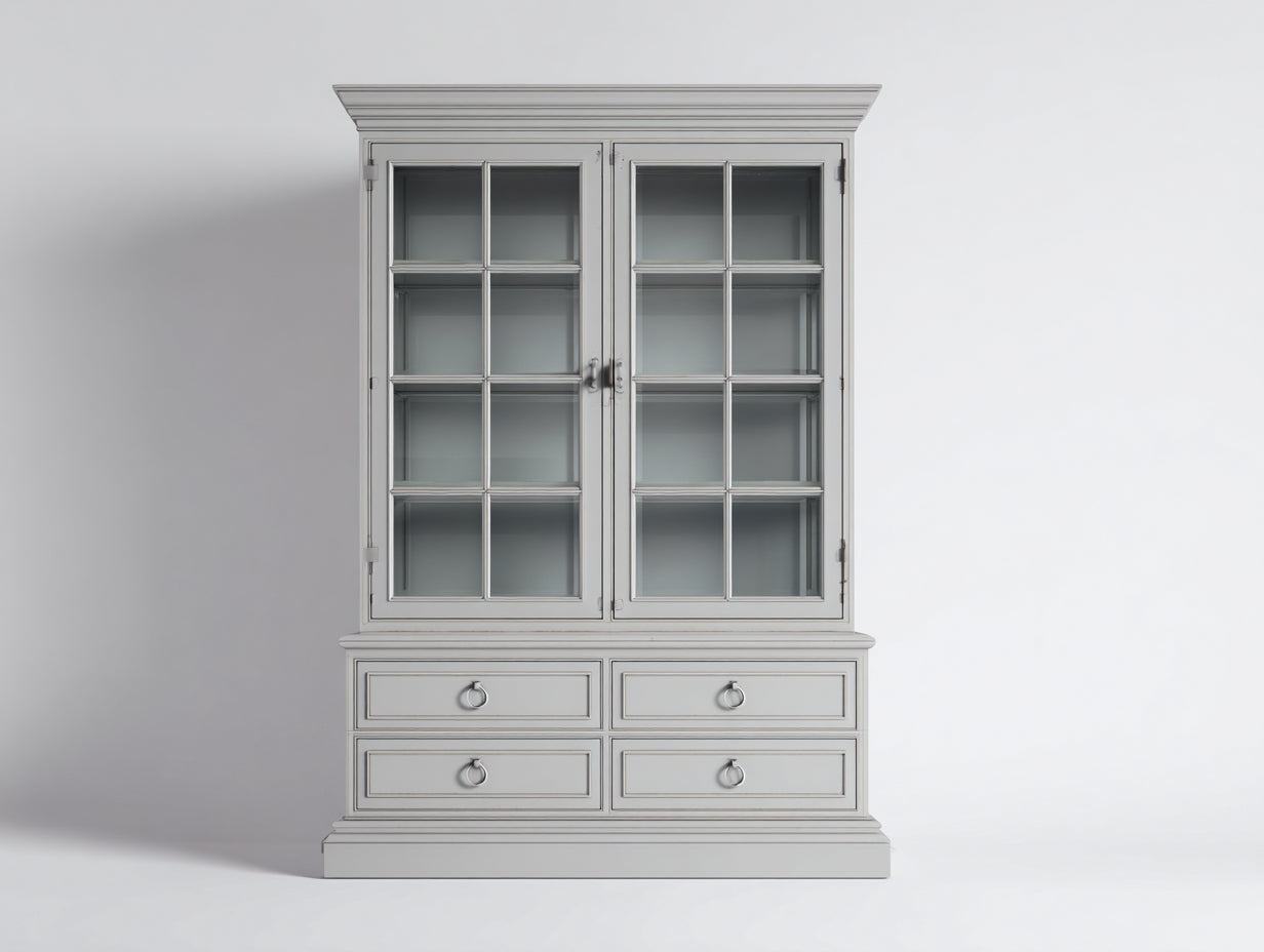 Vetrina - Legno-Vetro-Metallo - 126x45x188 cm - Grigio caldo-Trasparente-Argento - Classico country