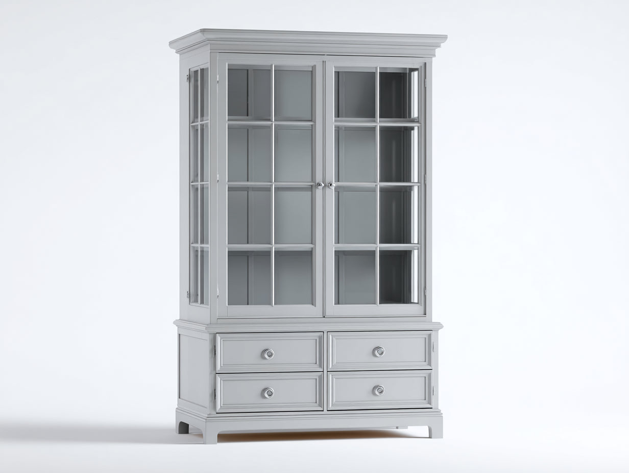 Vetrina - Legno-Vetro-Metallo - 119x46x186 cm - Grigio chiaro-Trasparente-Argento - Classico moderno