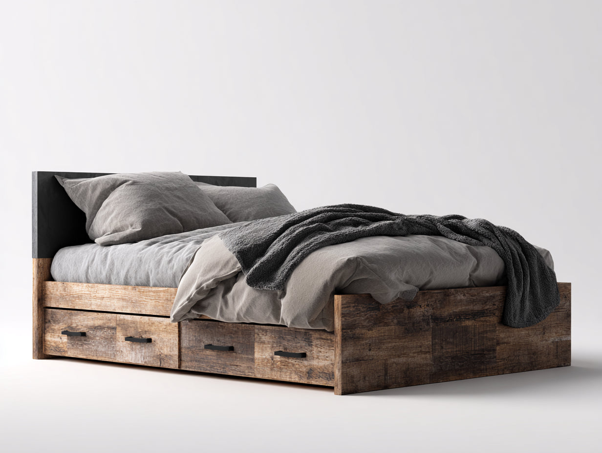 Letto matrimoniale-Legno-metallo-218x192x92 cm-Marrone rustico-nero-Stile industriale contenitore