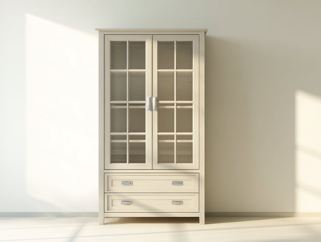 Vetrina - Legno-Vetro-Metallo - 101x42x190 cm - Beige crema-Trasparente-Argento - Classico