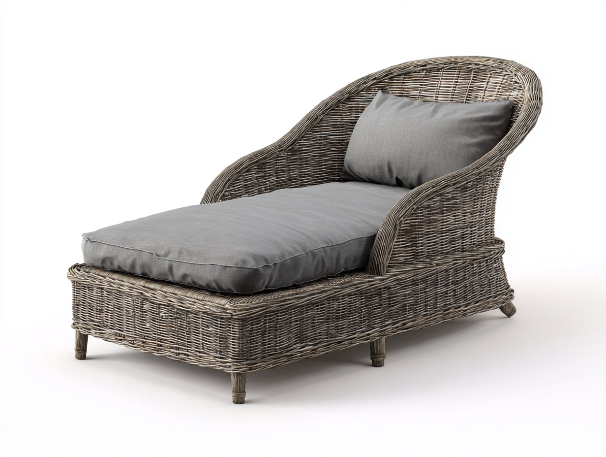 Lettino da sole - rattan PE-legno-tessuto - 198x80x92 cm - grigio-talpa - stile mediterraneo