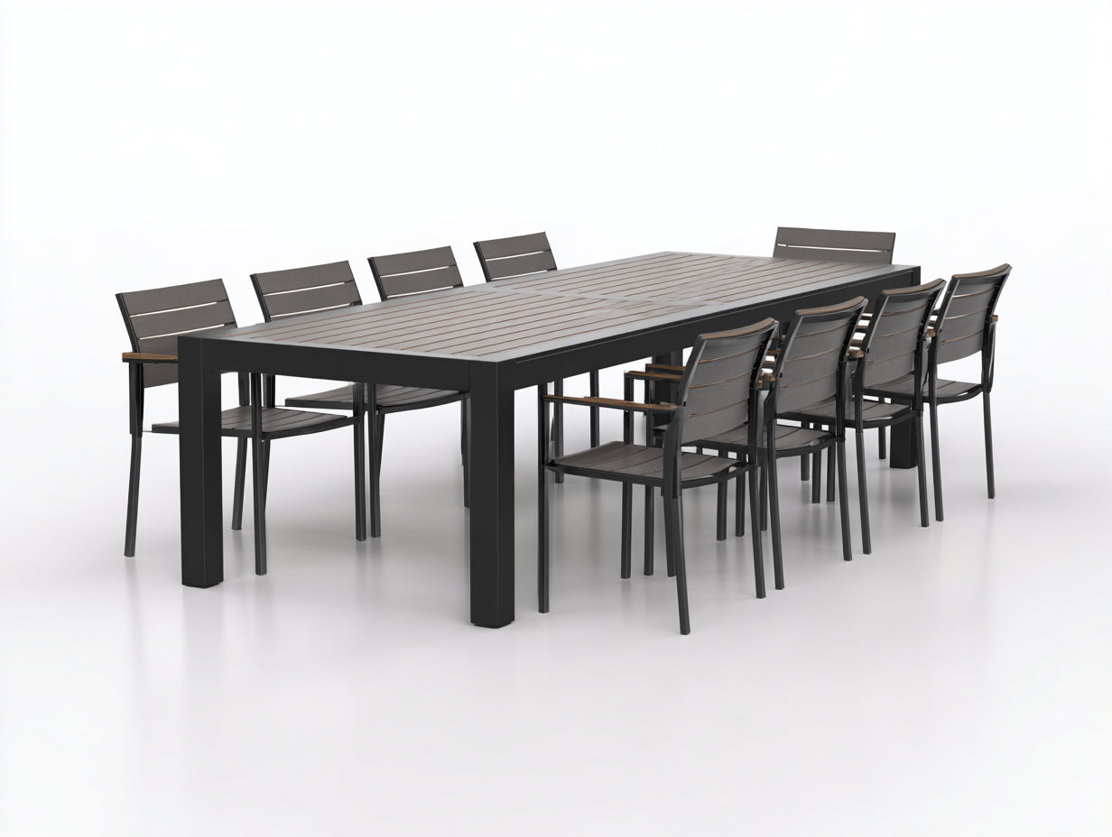 Set da pranzo da esterno - Alluminio-legno composito - 300x110x75 cm - Nero-Grigio - Stile moderno