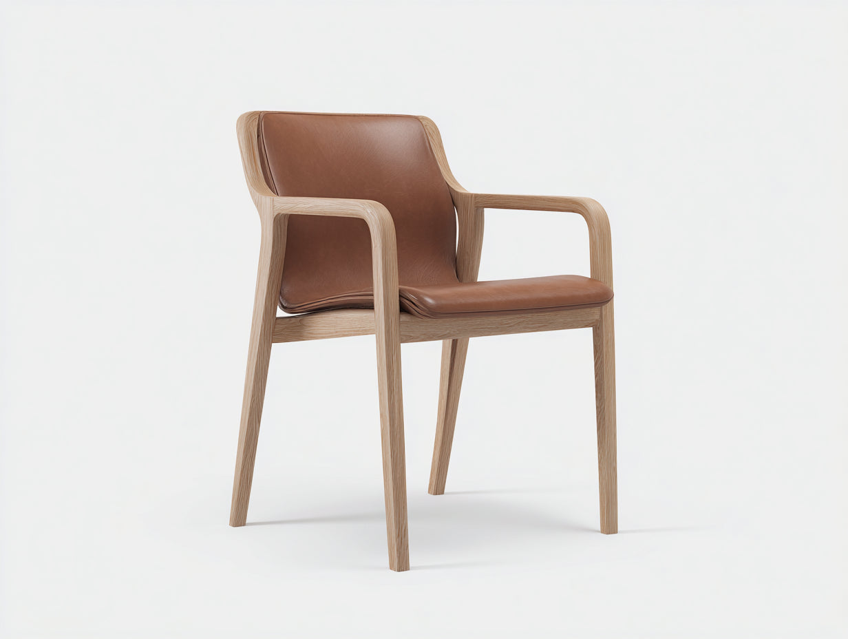 Sedia da pranzo-Pelle-legno-61x55x80 cm-Marrone-legno naturale-Stile scandinavo con braccioli