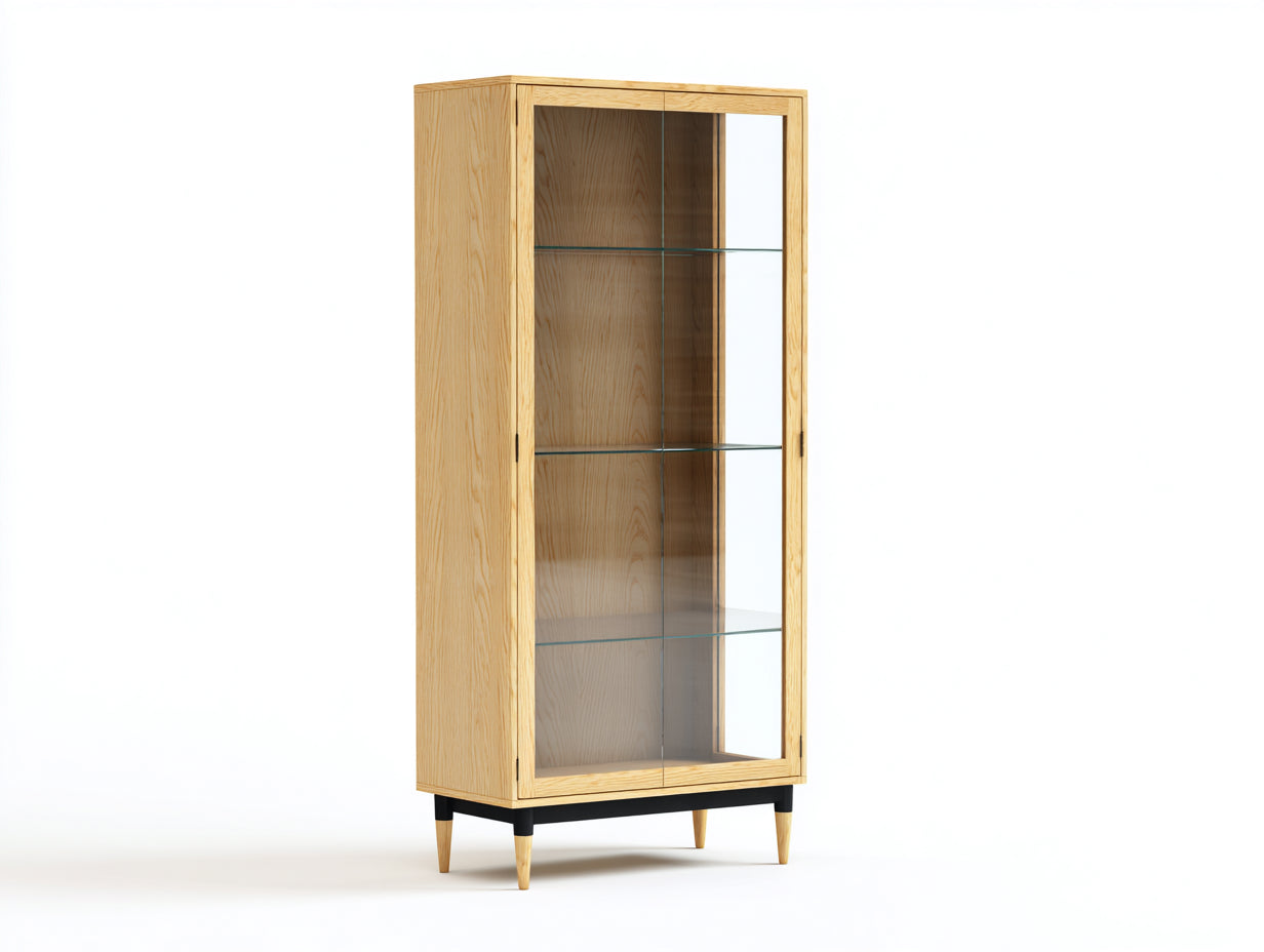 Vetrina - Legno-Vetro-Metallo - 74x35x168 cm - Legno miele-Nero-Trasparente - Moderno naturale