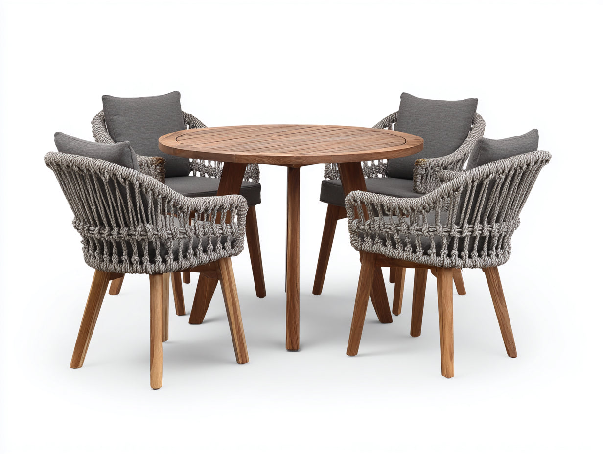 Set da pranzo da esterno - Legno-corda - 115x115x74 cm - Grigio-Naturale - Stile contemporaneo