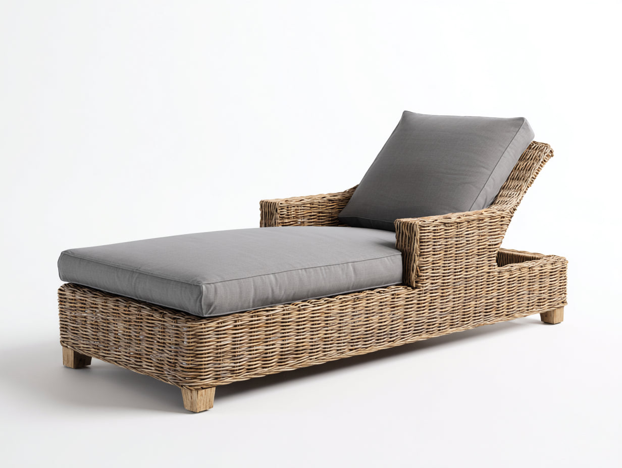 Lettino da sole - rattan PE-legno-tessuto - 202x74x82 cm - grigio-naturale - stile mediterraneo