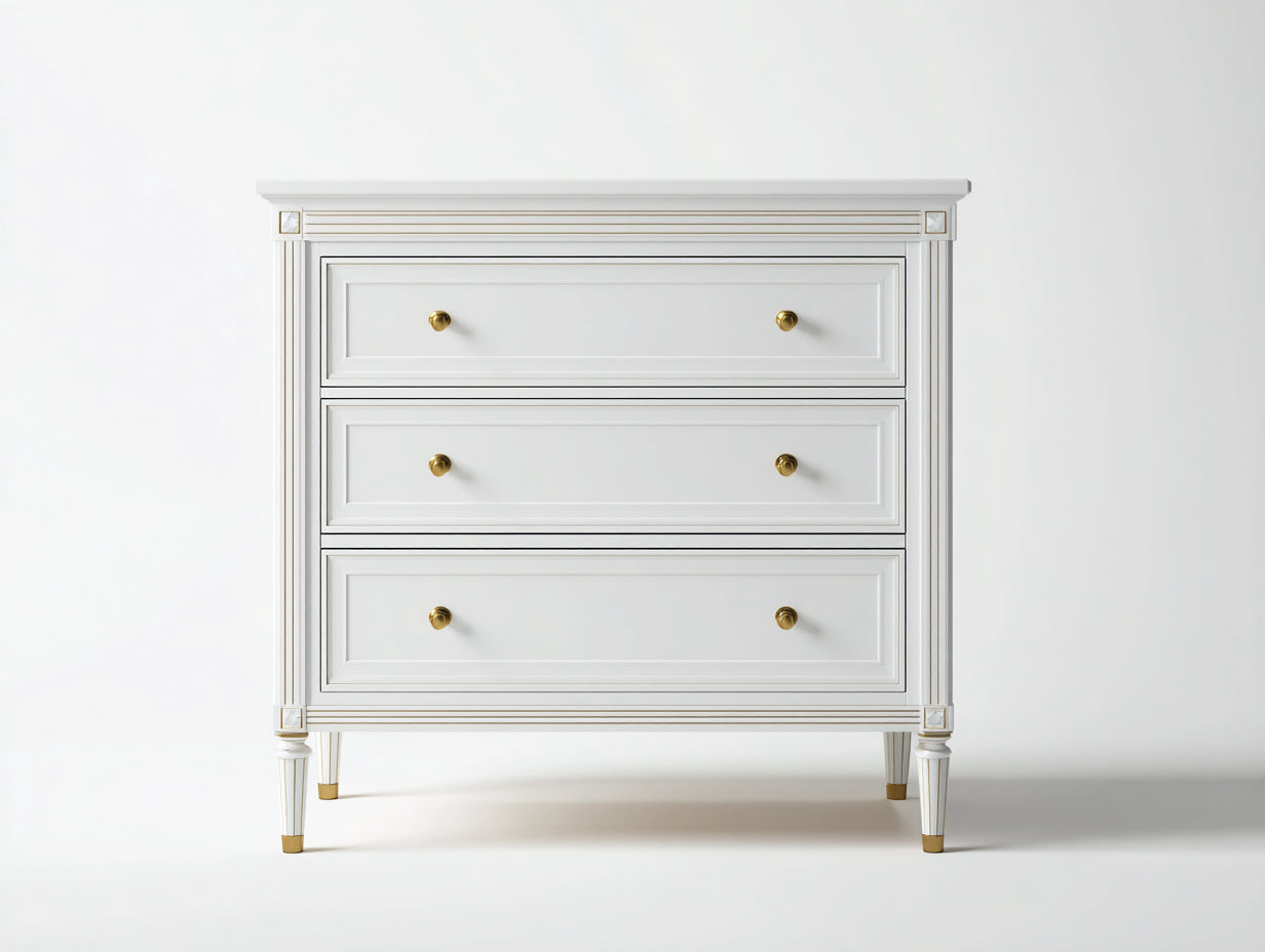 Cassettiera - Legno massello-Metallo - 108x45x96 cm - Bianco-Oro - Neoclassico raffinato