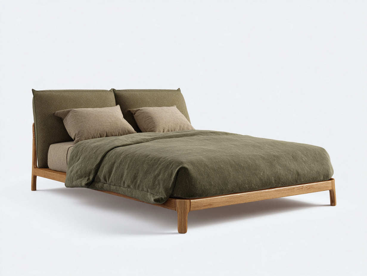 Letto matrimoniale-Legno-tessuto-218x190x95 cm-Verde oliva-legno naturale-Stile contemporaneo