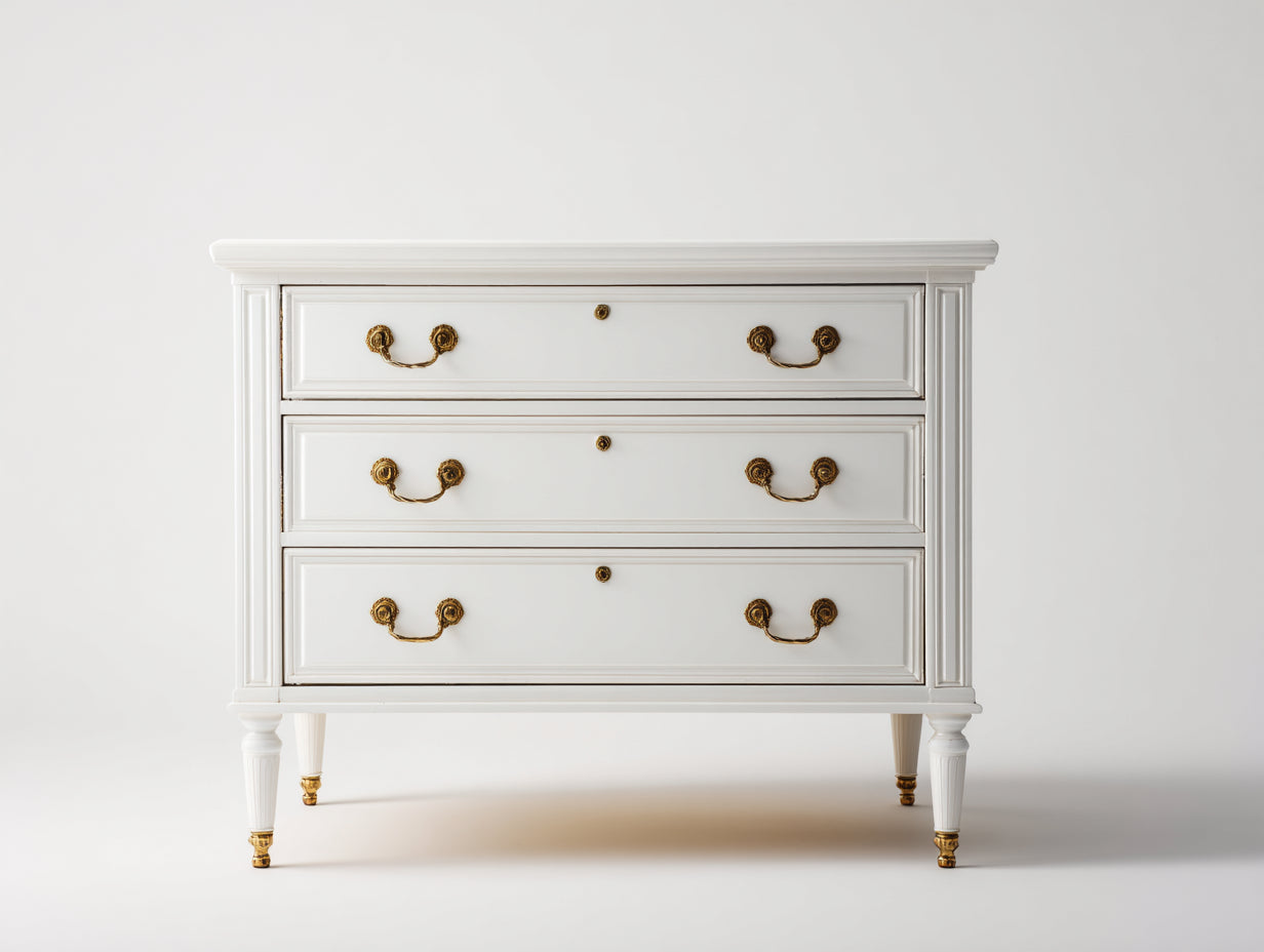 Cassettiera - Legno massello-Metallo - 112x46x88 cm - Bianco-Oro - Classico elegante