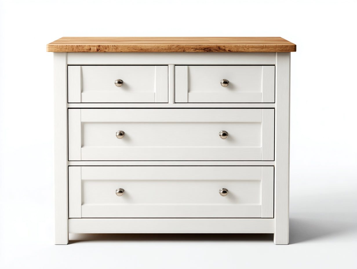Cassettiera - Legno massello-Metallo - 112x46x96 cm - Bianco-Rovere chiaro - Country elegante