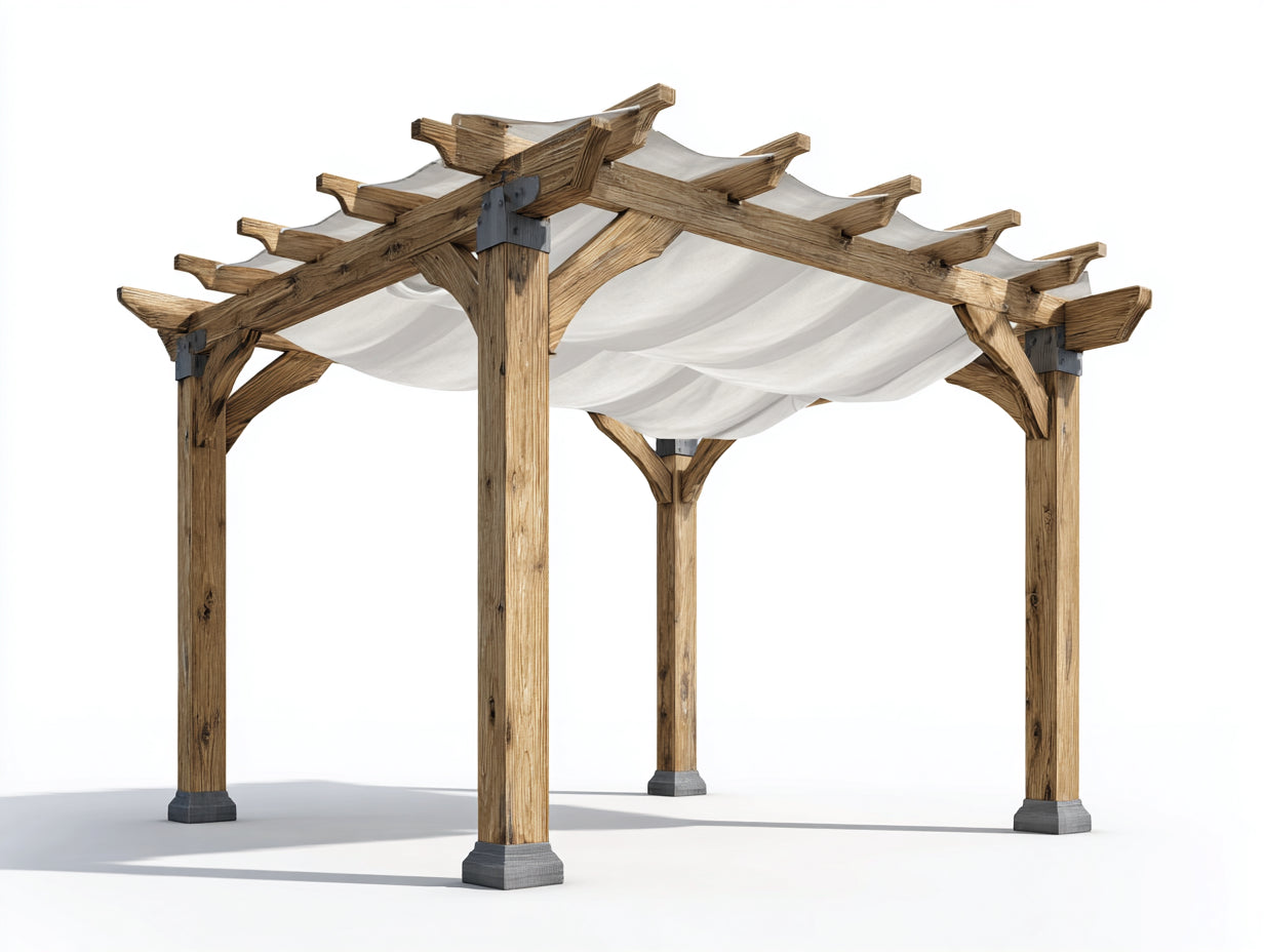 Pergola da giardino - legno-tessuto-metallo - 320x320x260 cm - naturale-bianco-grigio - stile rustico